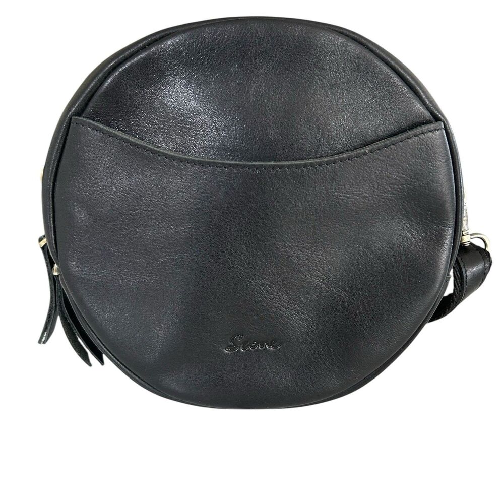 S-ZONE Circle Crossbody Bag Black Leather Round Light Destress Adjustable Strap